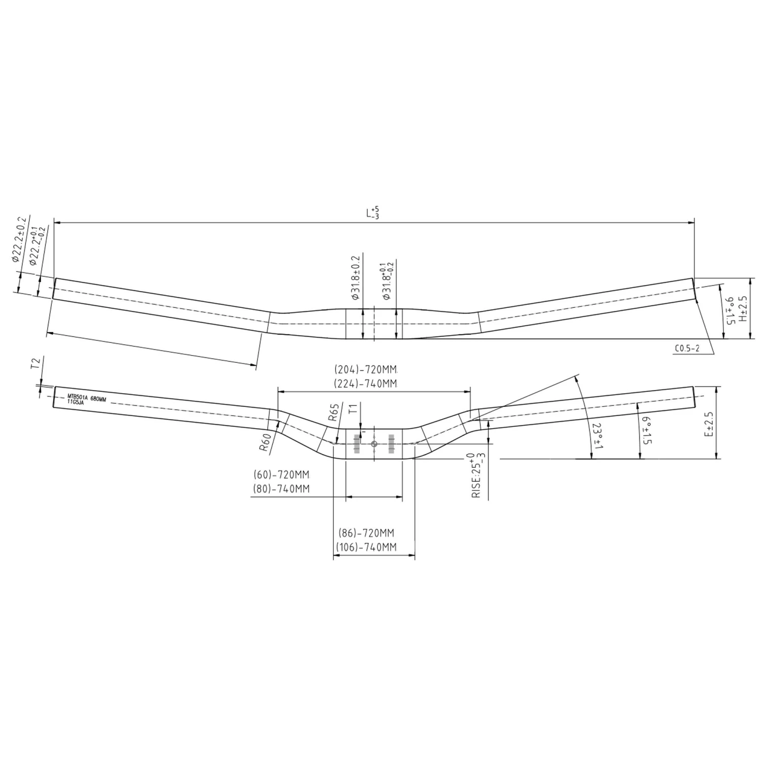 Handlebar 31.8 - Rise 30 Mm UP=5° BACK=9° - 620 Mm Aluminium - Black 4 Handlebar 31.8 - Rise 30 Mm UP=5° BACK=9° - 620 Mm Aluminium - Black - Image 2